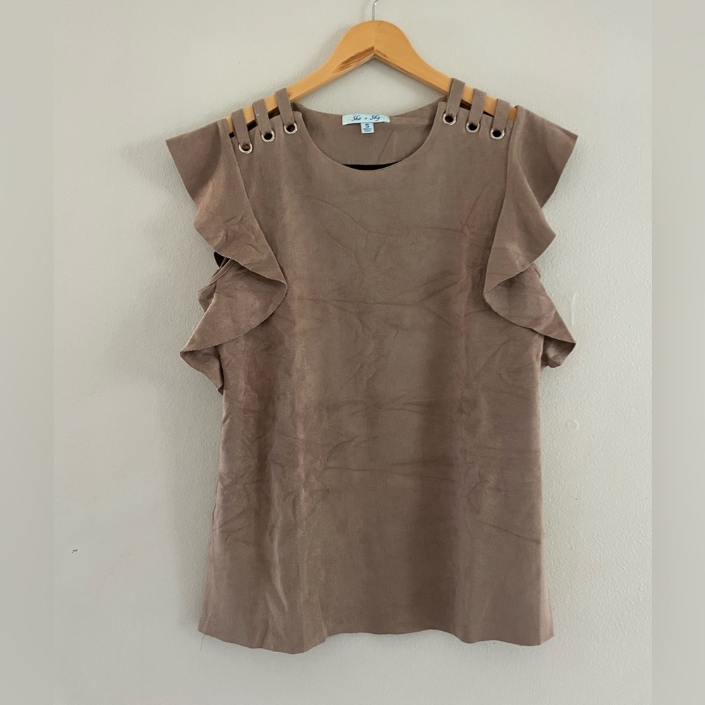 She + Sky Brown Ruffle Sleeve Faux Suede Blouse